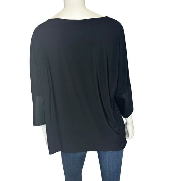 CLARA SUN WOO Size L Black 3/4 Dolman Sleeve Top Faux Leather Trim Minimalist - Picture 7 of 8